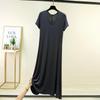 Loose V-Neck Short-Sleeve Modal Nightdress for Plus-Size Women - Spring/Summer Long Slit Skirt Style