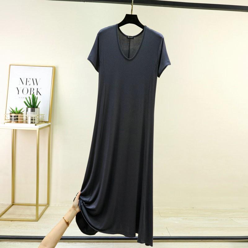 Loose V-Neck Short-Sleeve Modal Nightdress for Plus-Size Women - Spring/Summer Long Slit Skirt Style