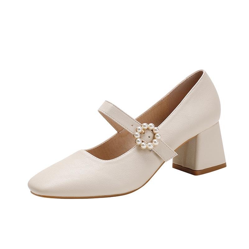 Pearl single shoes women's spring gentle high school thick heel retro shallow mouth Mary Jane