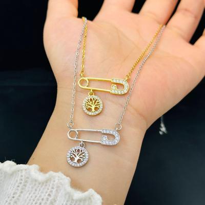 Spilla ad Albero con Diamanti in Oro 18k Collana Clavicola a Doppio Strato in Acciaio al Titanio - Stile Freddo Elegante per Donne
