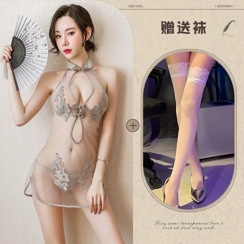 New European and American erotic underwear, sexy lace slit uniform mesh classical embroidered cheongsam set
