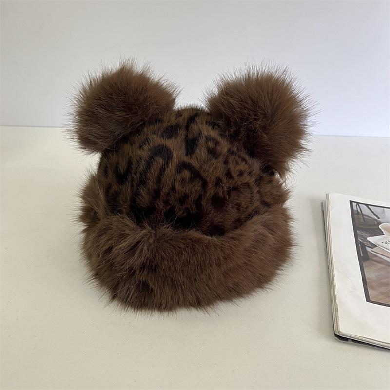 

Винтажная плюшевая шапка с леопардовым принтом, женский зимний модный шарф, теплая монгольская шапка с двумя помпонами, пушистая панама из искусственного меха M（56-58cm） темно-коричневого