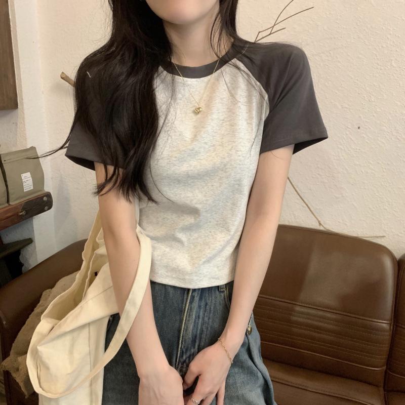 Koreanischer Stil Color Block Raglanärmel Baumwolle Schlankmachendes T-Shirt