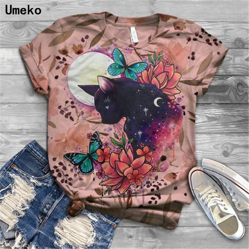 Women Summer T Shirt Trend Kitten Print Retro Fashion Short Sleeve Tees Casual   Printed  Tops
