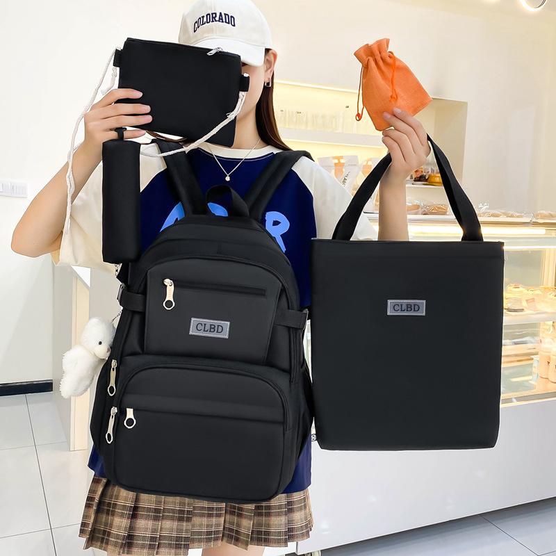 5pcs Elementary School Five Piece Backpack High School Students Large Capacity Multi Pocket Multi Functional Backpack Solid Canvas Leisure Bag