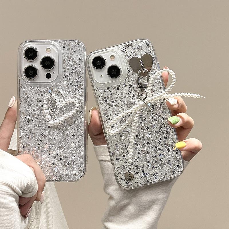 Pearl bow pendant love mobile phone case for Iphone16Promax Epoxy sequins Apple 17 women's models
