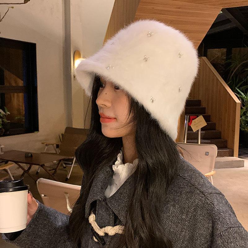 Rabbit hair beret female autumn and winter versatile sweet cute pearl flowers warm age-reducing painter hat big head circumference