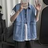 Men Summer Denim Vest Coat Lapel Sleeveless Solid Color Denim Waistcoat Single Breasted Large Pockets Design Washed Cargo Waistcoat