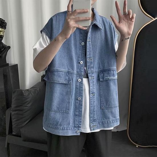 Men Summer Denim Vest Coat Lapel Sleeveless Solid Color Denim Waistcoat Single Breasted Large Pockets Design Washed Cargo Waistcoat