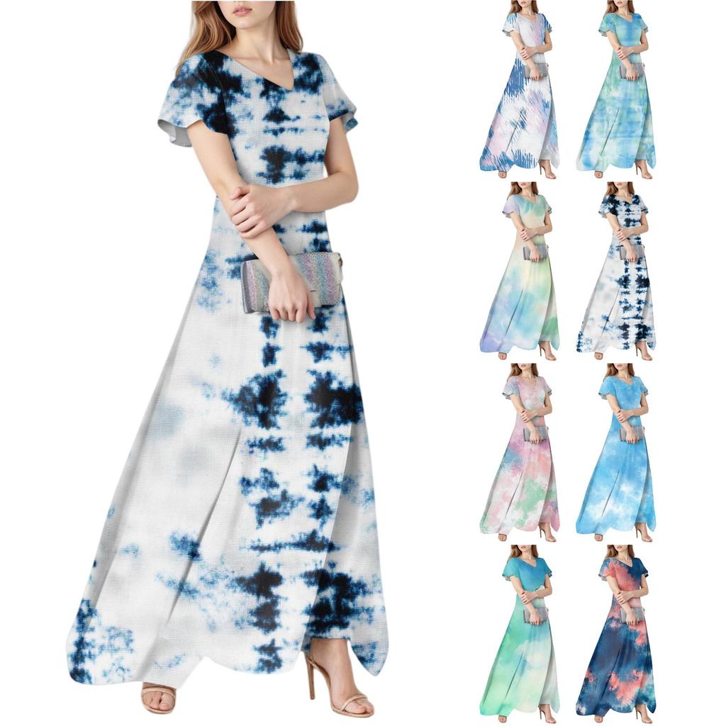 Damen Frühling und Sommer Lässige Mode Batik-Druck Kleid V-Ausschnitt Kurzarmkleid