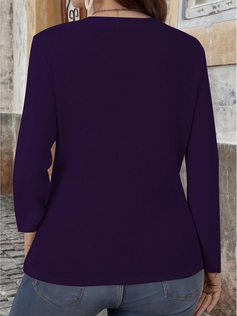 2025 Autumn Plus Size V-Neck Button Waffle Knit Women's T-Shirt