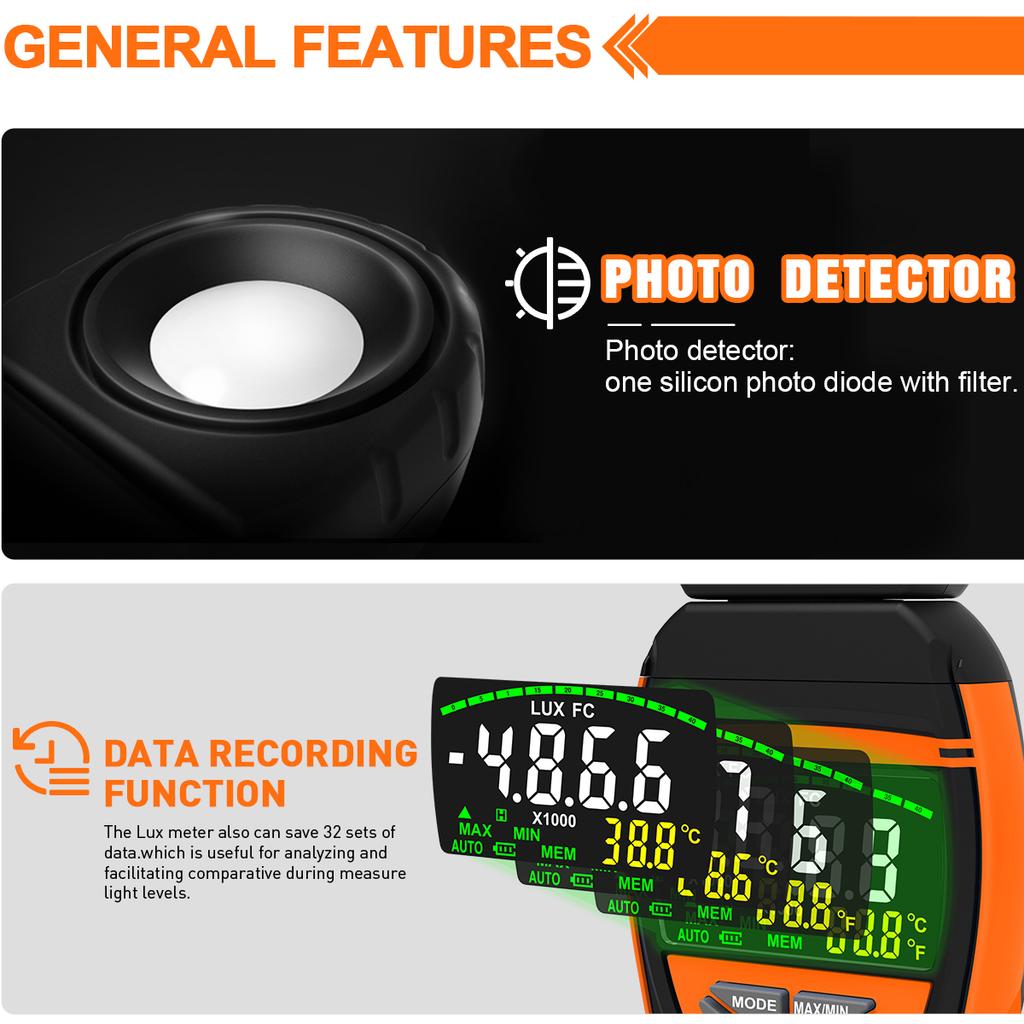Digital illuminance meter,High accuracy and fast response,Light detector: used for light detection,LCD display,1-400,000Lux
