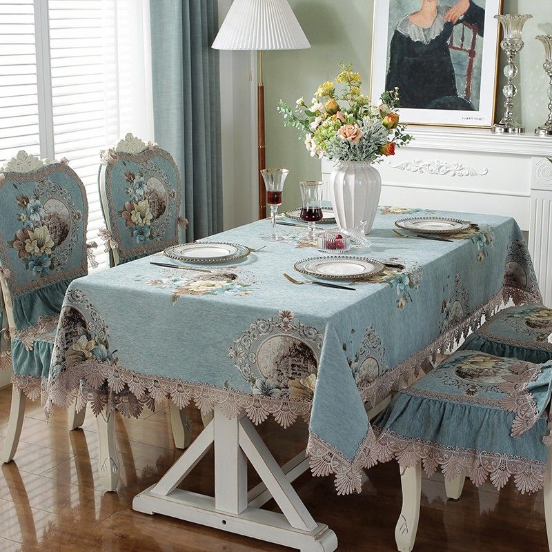 

Style Table Cloth Dining Chair Cushion Set Dining Table Fabric Cushion Set Table Runner European Style Fabric Square round Table Dining Table Mat Sleepwalking Flower Sea-light green Cushion 50*50