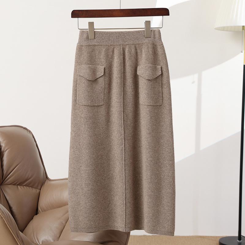 

Women s High-Waisted Mid-Length Wool Skirt - 100% Pure Wool, Autumn/Winter, Slimming, Knit, Thickened, With Pockets Medium
