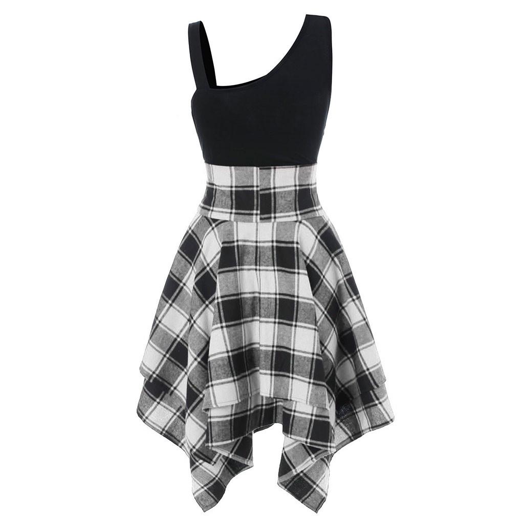 Fashion Women Sleeveless Cold Shoulder Cross  Plaid Print Irregular Dress