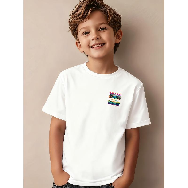 Europäische Größen MIAMI Palme Stranddruck Kurzarm-T-Shirt für Jungen, Kinder und Jugendliche; Sommer Oberteil/Unterhemd für Jungen; Legerer Stil