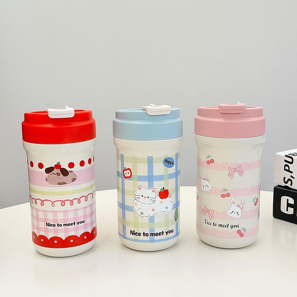 Tecknad söt kaffetermosmugg 316 rostfritt stål medföljande dubbel drickhalmsmugg utomhus bärbar vattenkopp med stor kapacitet