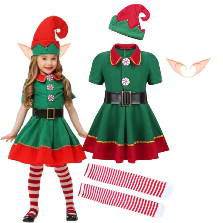 Girls Boys Christmas Elf Costume Xmas Santa Claus Green Elf Dress Kids Outfits Cosplay Clothing Xmas Gifts