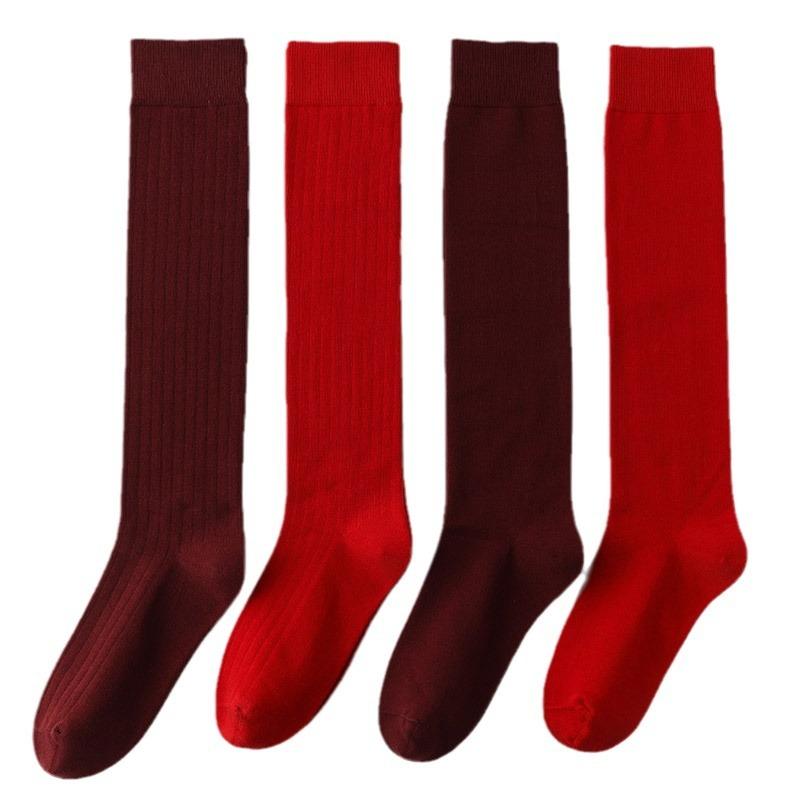 Autumn And Winter Stockings Children'S Red High Tube Calf Socks Solid Color Strips Stacking Socks And Knee Natal Year Red Socks