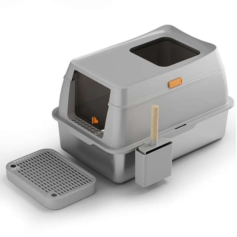 Large Cat Litter Box Fully Enclosed Deodorized Cats Toilet Tray Splash Proof Sandbox Stainless Steel Bedpans Pet Accessories