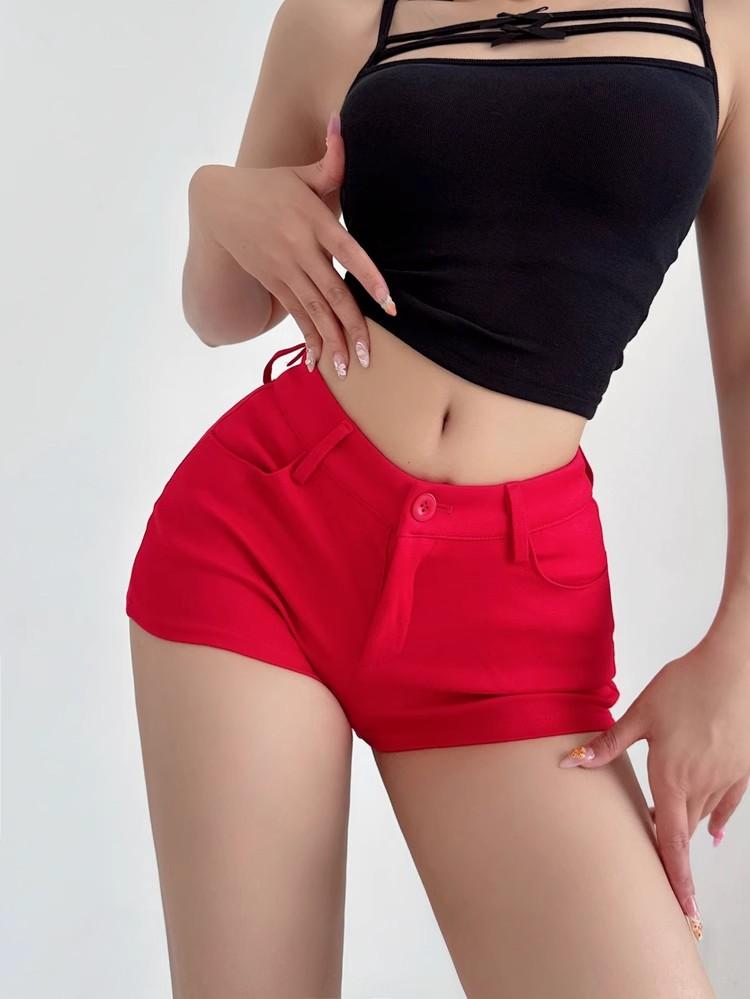 Bílé léto korejská móda sexy horké kalhoty pikantní dívčí šortky Dámské oblečení Jednobarevné Nízký pas Zavinovačky Boky Úzké těsné šortky