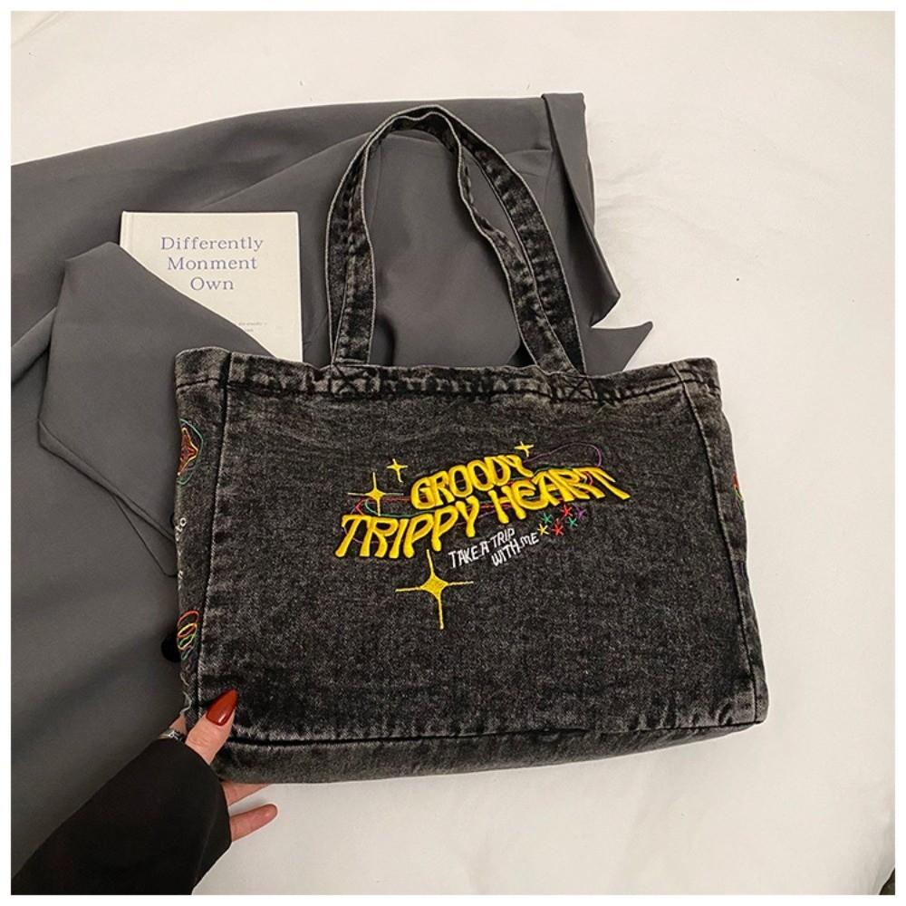 

Tote Bag American Vintage Handbag Street Style Letter Embroidery Shoulder Bag Students чёрный