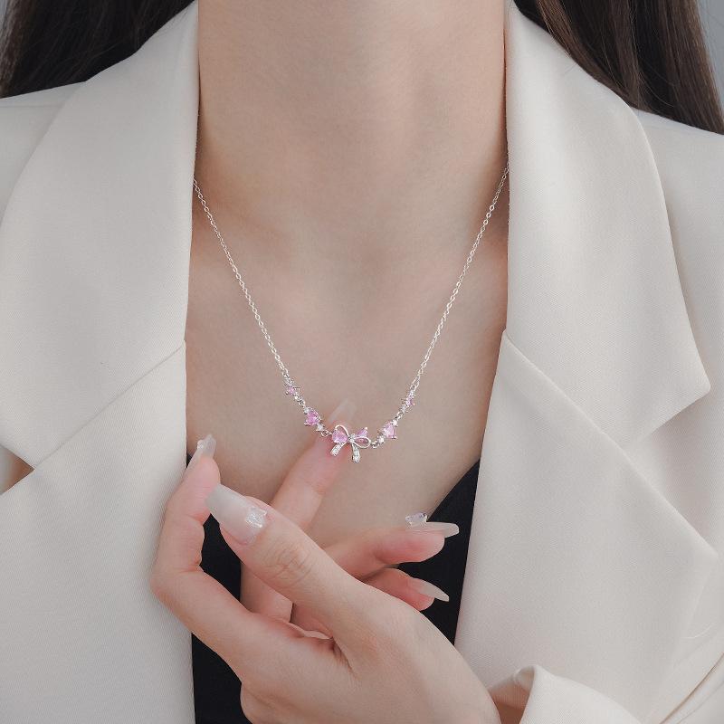 Shiny Pink Bow Heart Zircon Jewelry Set Necklace Bracelet for Women Trendy Y2K Style Accessory Gift for Teens