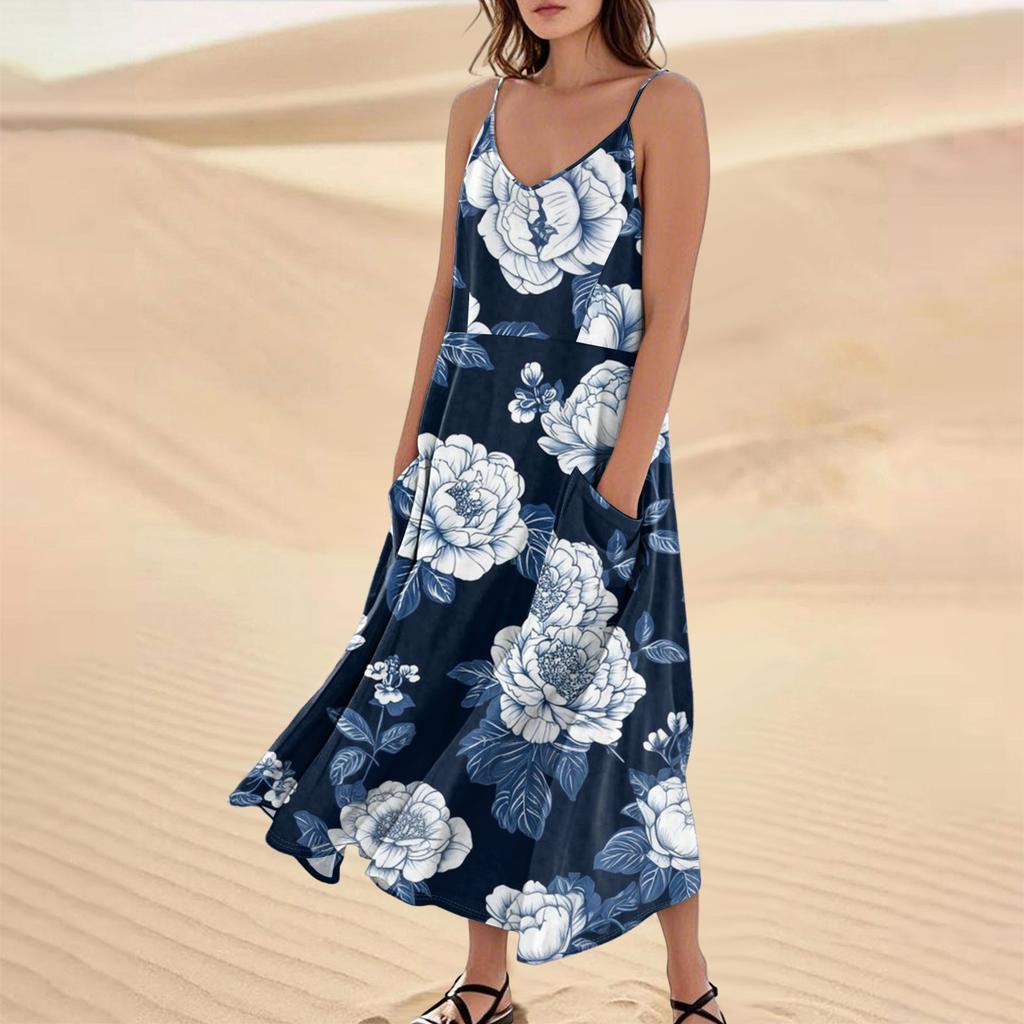 Women's Casual V Neck Floral Print Sleeveless Pocket Suspender Dress