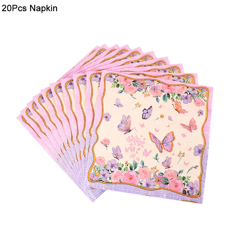 Pink Butterfly Disposable Tableware Set Paper Plates Cup Tablecloth Girls Butterfly Theme Birthday Party Decoration Supplies