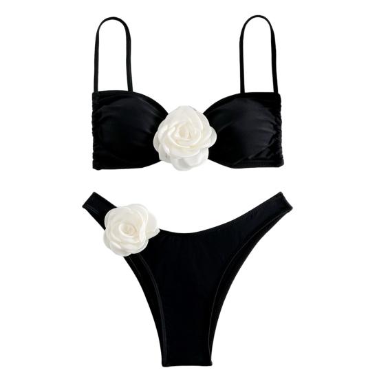 

2 шт./компл. женский сексуальный бюстгальтер с высокой трубкой и 3D цветочным принтом на слинге бикини, комплект сверху, трусы-бандо на талии S чёрный