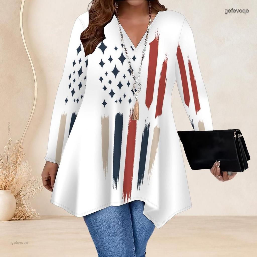 Women Plus Size V Neck Long Sleeve Printed Asymmetric Hem Flared Tunic Top