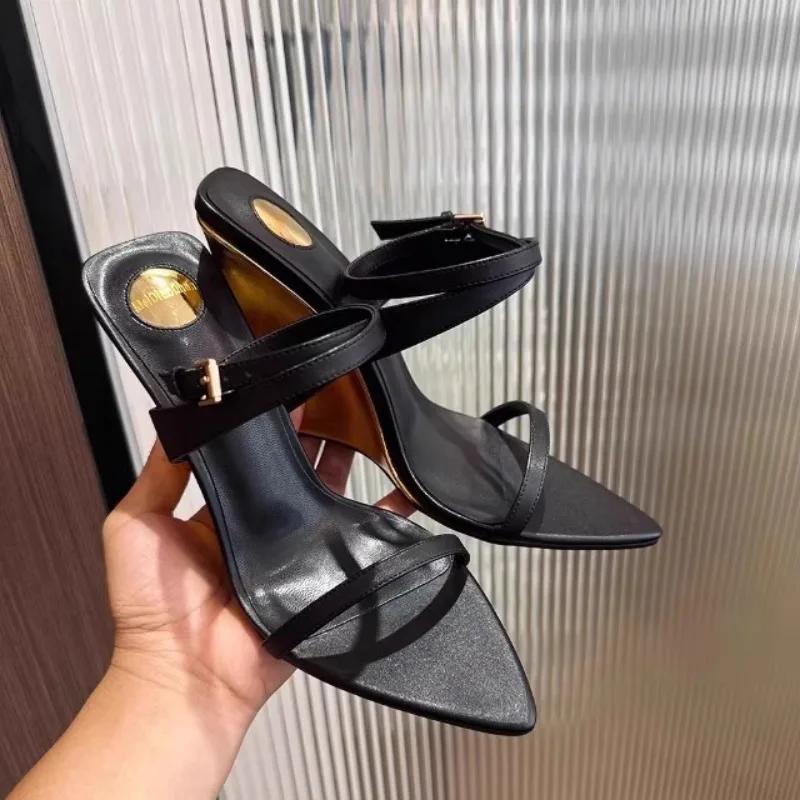 Fashion Women Wedges Sandals Pointed Toe Cross Strap One Belt Buckle Sexy Black Sandals 2025 Summer New Elegant Party Dress Women Shoes