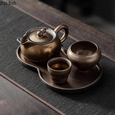 Vintage Rusty Glazed Ceramic Gourd Teapot Teacup Tea Tray Tea Table Teas Making Tools Household Creative High Beauty Tea Set