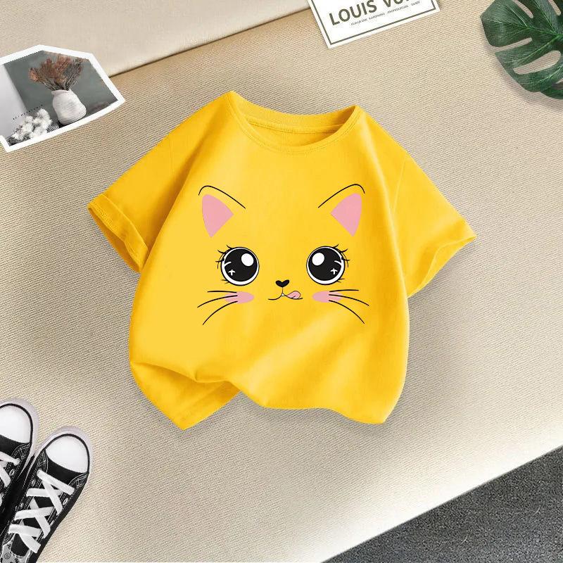 Girl T Shirt Kids 100% Cotton Clothes Tshirt Tops Tee Boys Tee 2-13Y Children Cat Printed T-shirt
