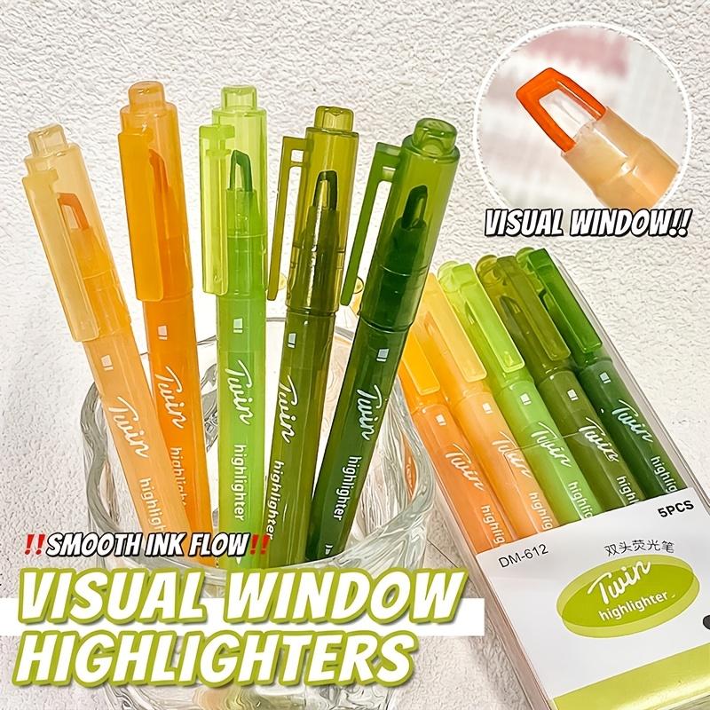 5-Pack Dual-Tip Highlighters with Viewing Window, Suitable for Eye-Friendly Colored Highlighters, Fluorescent Markers, Marking Pens, Highlighting Pens