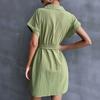 Spring and summer export casual simple versatile lace-up short-sleeved lapel cotton and linen shirt dress