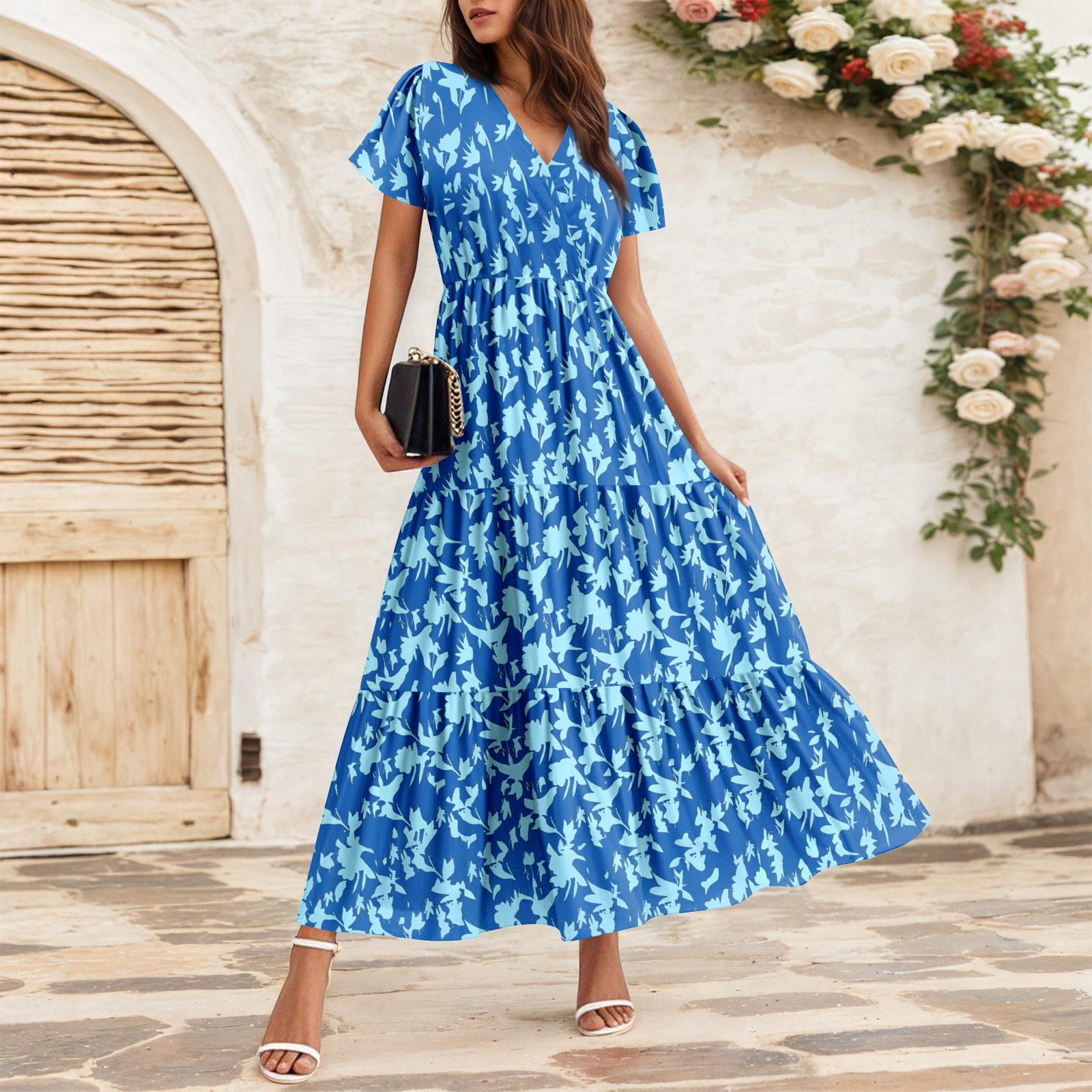 

Женские струящиеся платья Женские летние платья Повседневные платья макси с коротким рукавом Официальные платья макси L синий