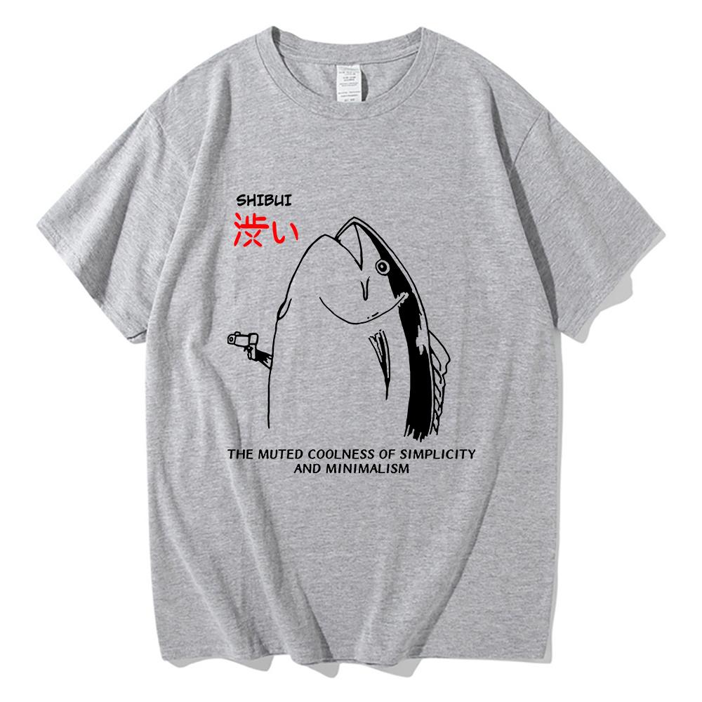 Harajuku Style Lovely Autumn All-purpose Top Fun Japanese Fish and Gun Design T-shirt Couples Unisex Cotton Design T-shirt