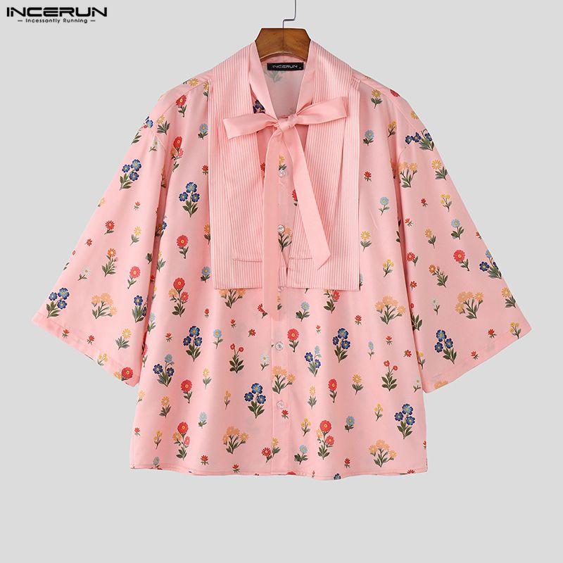 INCERUN Men Lapel Neck Short Sleeve Floral Print Striped Patchwork Casual Summer Shirts Tops