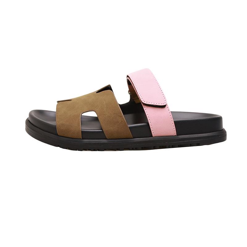 Papuci de damă pentru exterior, vară, noi, cu talpă plată, cu o bandă, cu culori asortate, H din piele, casual, cu velcro, papuci de unchiul al doilea