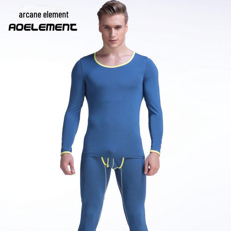 

Мужской комплект термобелья из хлопка - тонкий, с низким воротником, базовый слой, верх и низ на осень королевский синий