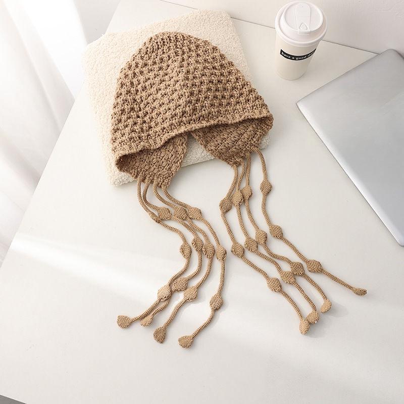 

Women s Red Cable Knit Tassel Hat - Warm Wool Pullover with Ear Protection for Autumn and Winter Outdoor Travel