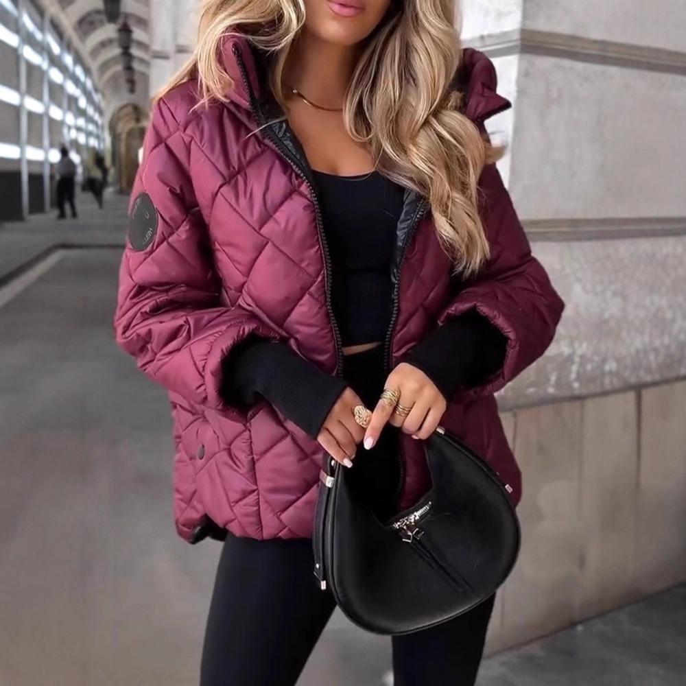 Veste d'hiver matelassée à capuche zippée, motif losanges, coupe oversize, manches longues