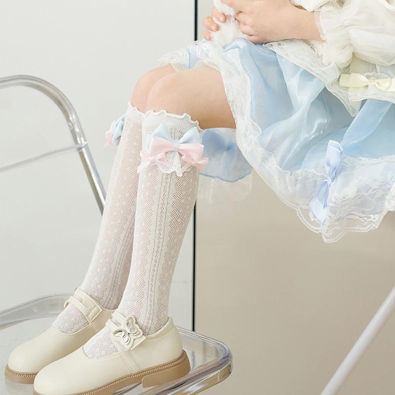 Stylish Knee Length Socks for Girls 3-12 Years Bowknot Trimmed Long Tube Socks Party Daily Wear Accessories