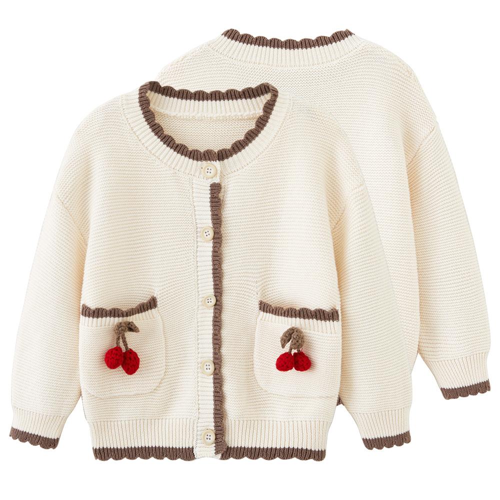 Spring and Autumn Contrast Color Round Neck Small and Medium Children's Knitted Cardigan Jacket Long Sleeve Pure Cotton Cherry Girl Sweater Cardigan