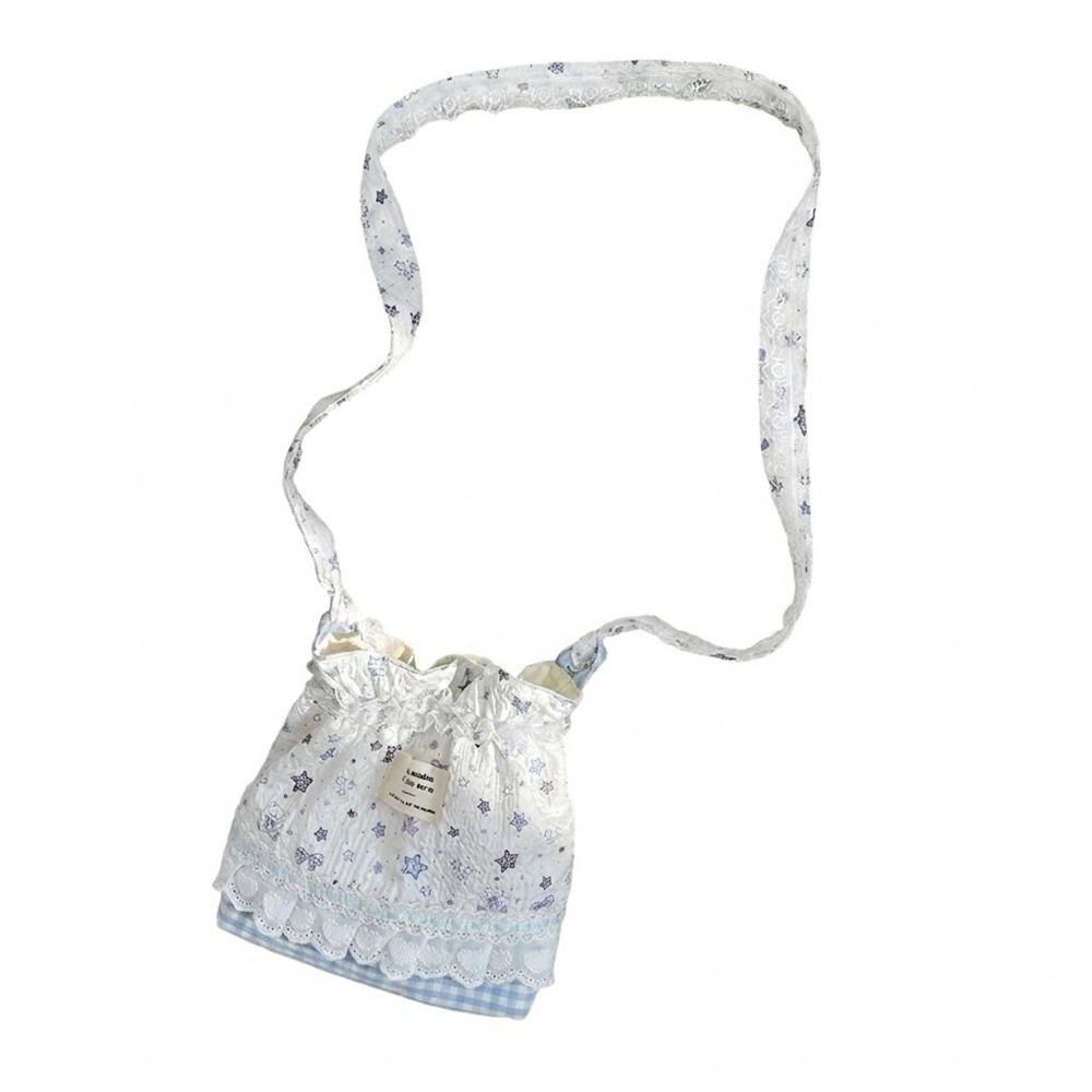 Floral Plaid Lace Shoulder Bags Multicolor Large Capacity Drawstring Shoulder Bags Long Belt Cartoon Pattern Pouch Bag Commuting