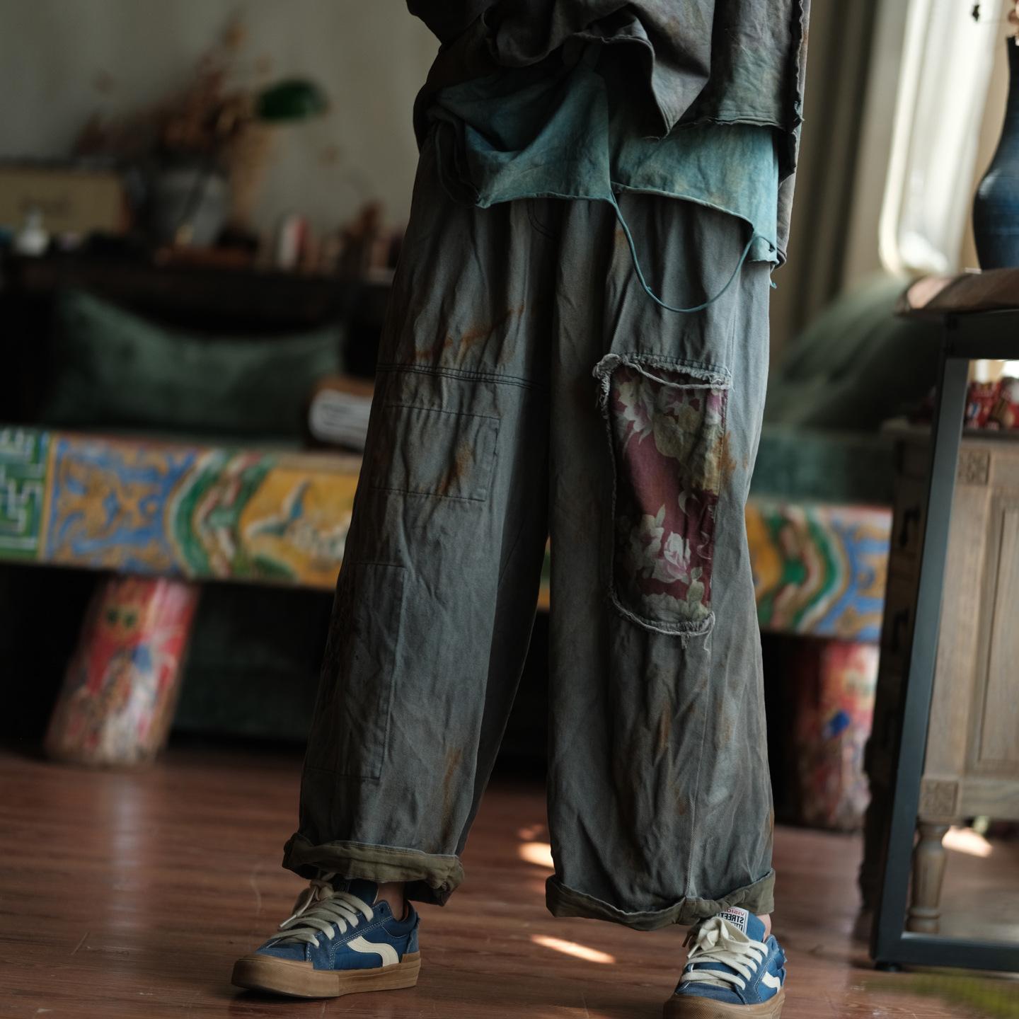 

Johnature Women Vintage Patchwork Wide Leg Pants Elastic Waist Trousers Autumn Tie-dye Loose Pants One Size