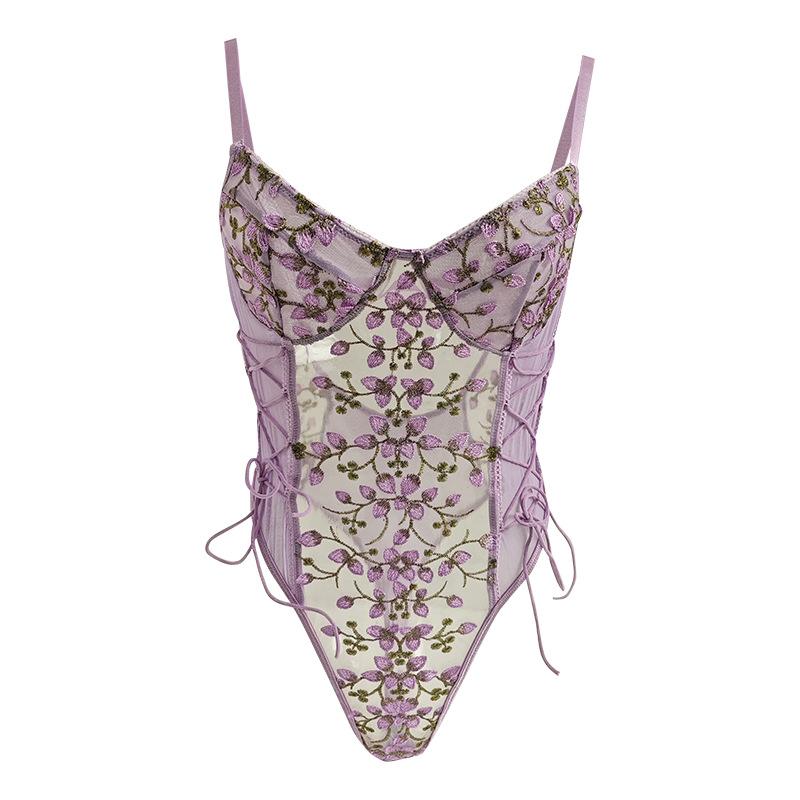 Hot Selling Flower Embroidery Mesh Embroidery Slim Sexy Slim Onesie Underwear Women