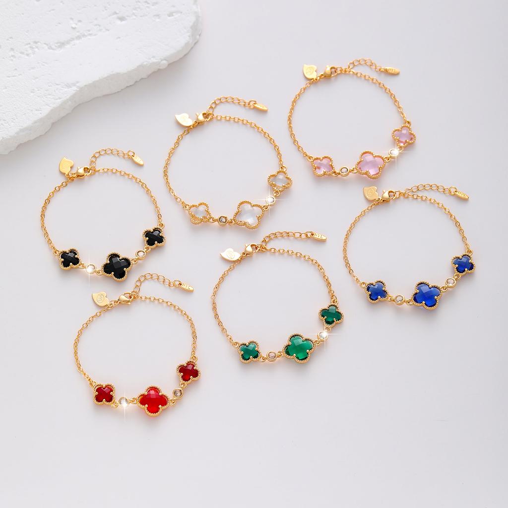 Bracelet trèfle double face pour femme, cuivre plaqué or, bijoux fleur en zircon