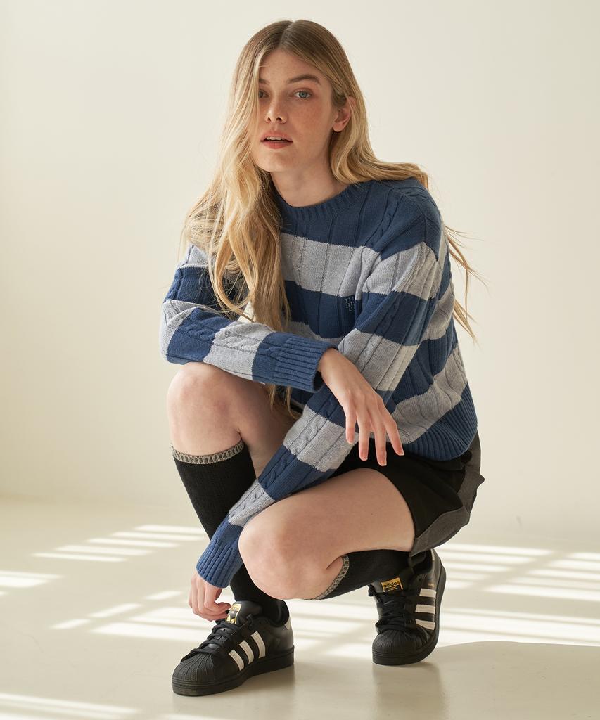 MARJE Cable Knit Stripe Merino Wool Knit Blue